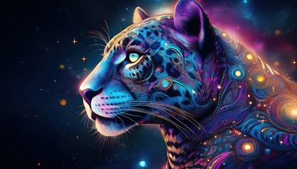 Obraz premium A stunning leopard with cosmic patterns gazes into a vibrant, starry expanse, exuding magic.