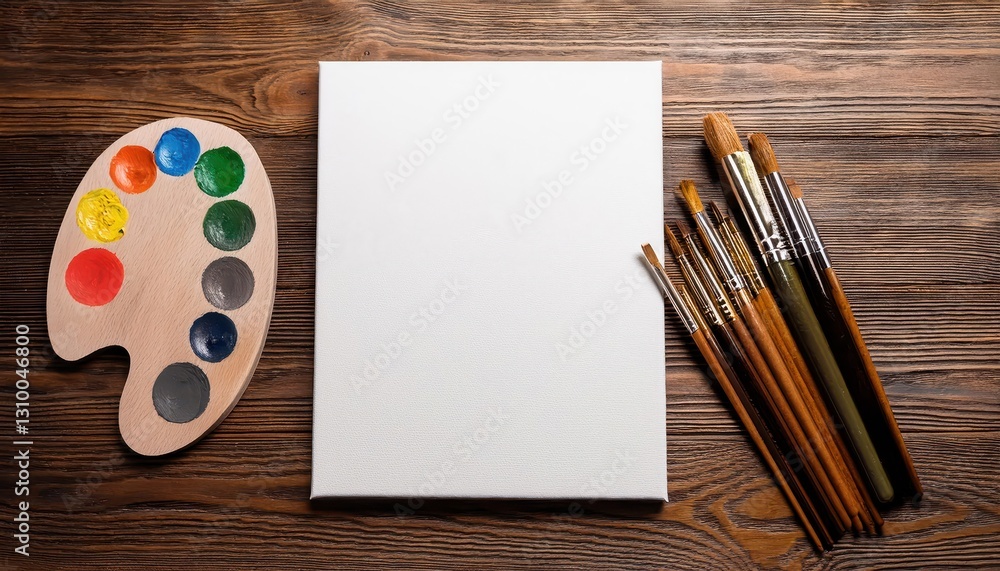 Aufkleber Creative Space Empty Canvas, Artistic Tools Await Inspirations Touch on a Rustic Tabletop Amidst the Calm Serenity of a Warm and Inviting Studio.