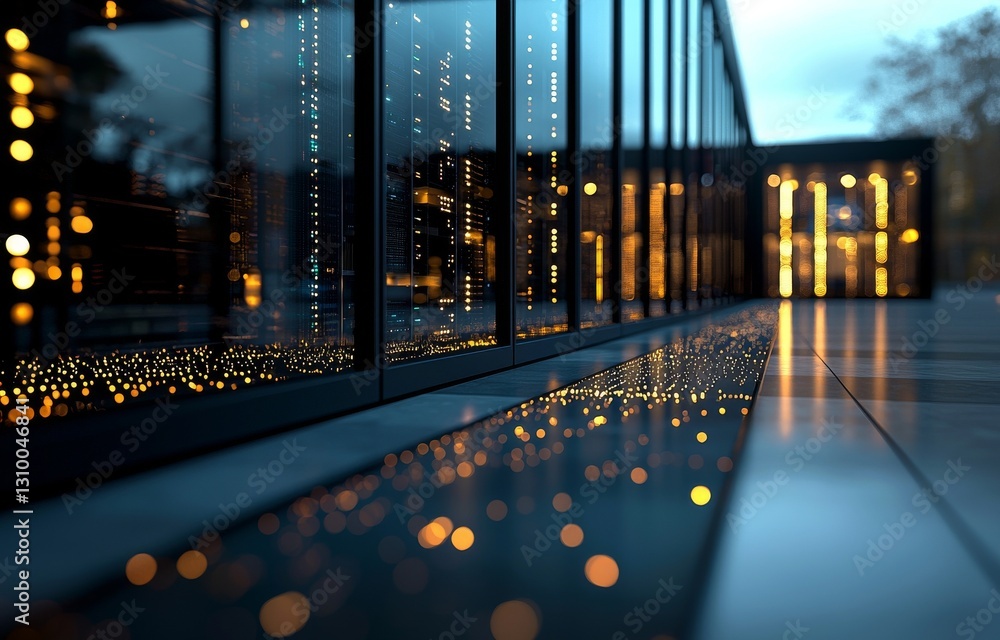 Poster a 3d rendering of storage systems in a data center room featuring a connection network in servers