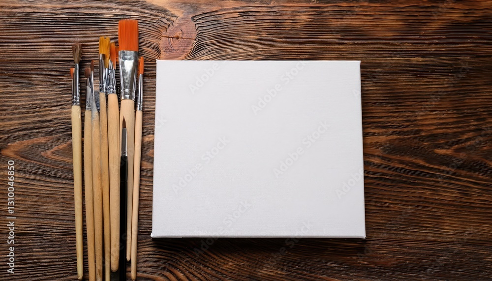 Aufkleber blank canvas serene tranquility of an artistic setup with brushes and palette on a rustic table, per
