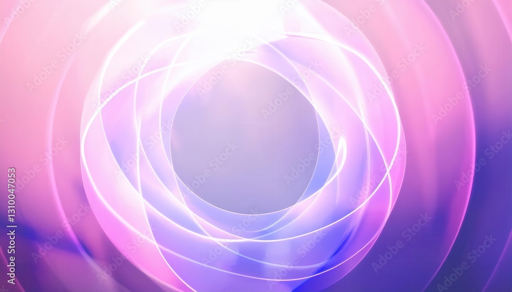 Poster glowing neon pink and purple concentric circles with soft gradient background, abstract light motion