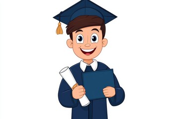 Happy Graduate in Cap and Gown - This illustration features a cheerful graduate holding a diploma and a certificate, celebrating academic achievement