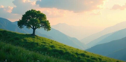 Fototapeta premium Peaceful morning scene features a solitary tree on a slope, hillside, calmness, mountain range