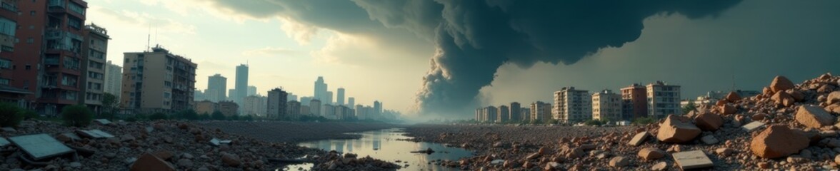 Massive tornado destroys cityscape, debris strewn , environment, infrastructure