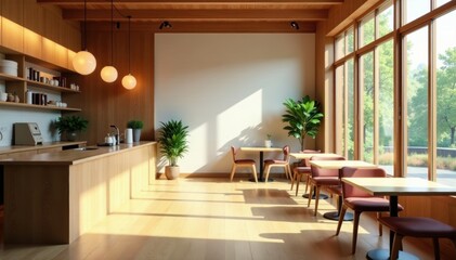 Minimalist Japanese cafe interior, wood accents, natural light, view, stylish, contemporary