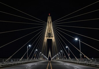 Fototapeta premium Nighttime CableStayed Bridge Illuminated Roadway, Elegant Structure, Dark Sky