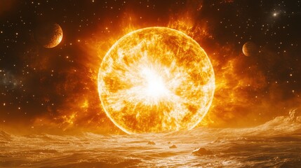 Extraterrestrial Sunrise: A Fiery Ocean and Celestial Bodies Under a Sweltering Star's Gaze