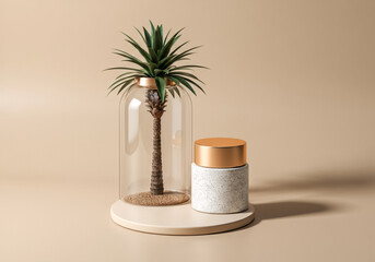 Elegant Terrarium with Miniature Palm and Luxury Container on Beige Background