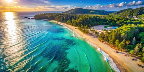 Aerial Beach View, Crystal Clear Water, Golden Sand, Drone Photography, Top View, Serene Beach, Coastal Scene, Summer Vacation, Tropical Paradise