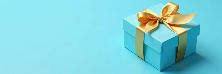 Obraz premium Decorative blue box with gold ribbon and bow on a light blue background, handmade, bow
