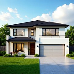 Modern two-story house, detached garage, manicured lawn, windows, family home