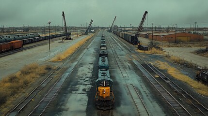 Freight train at industrial rail yard under overcast sky