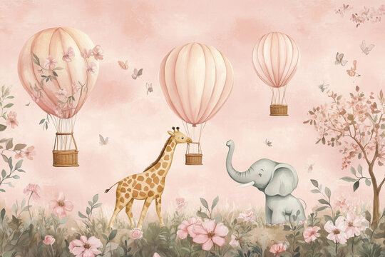 Fototapeta A kids' wallpaper mural featuring cycling animals with balloons, including a giraffe and elephant, set against a watercolor pink background. The design includes hot air balloons, blooming flowers
