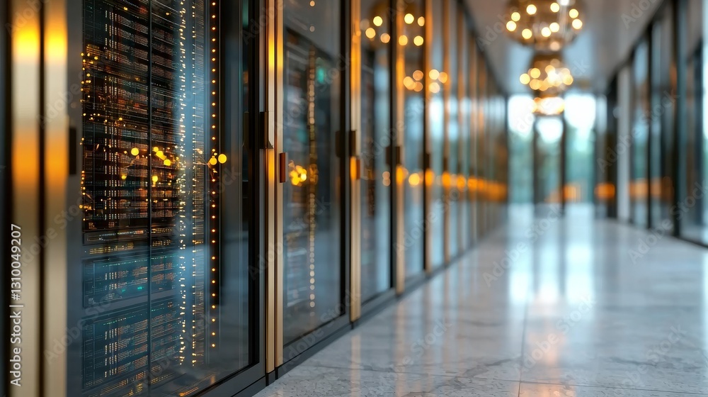 Poster the corridor of a working data center is captured, packed with rack servers and supercomputers, and 