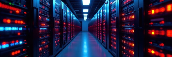 Fototapeta premium Rows of blinking network servers in a server room , network, network security, room