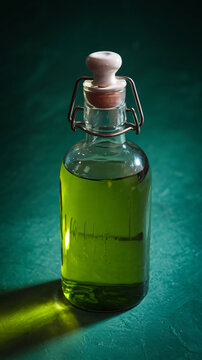 A vintage glass bottle filled with green liquid, illuminated by soft lighting ai generated