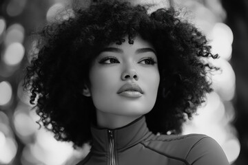Fototapeta premium Elegant representation of a curly-haired woman captured in monochrome.