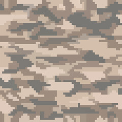 Pixel camo. Seamless digital camouflage pattern. Military texture. Brown desert color. Vector fabric textile print designs.	
