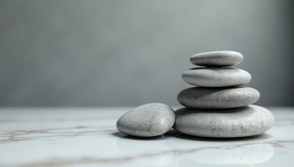 Sculptural composition of gray spa stones on a polished marble surface , polished marble, overhead shot, balance