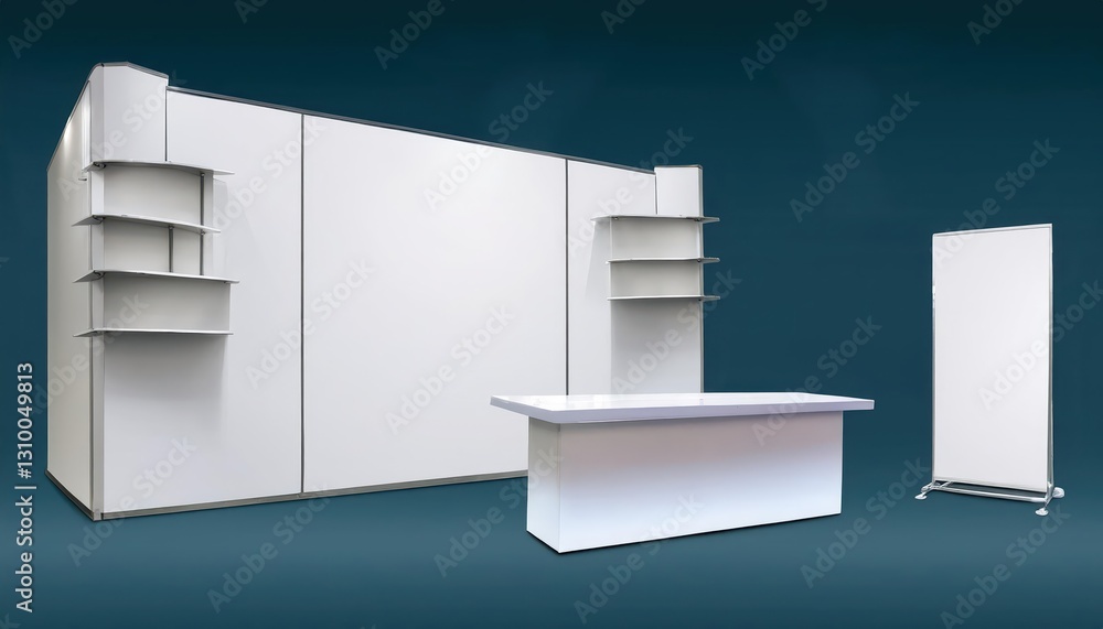 Aufkleber Rectangular Square Mockup Trade Show Booth Display with Demonstration Table in Side View, Illuminating Modern Minimalism at a Future Exhibition on .
