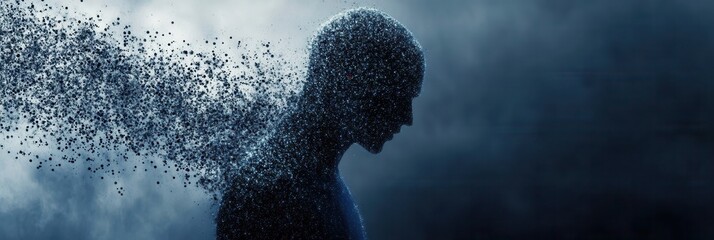 Futuristic representation of AI driven politics with digital particles forming a human silhouette Generative AI