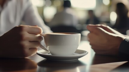 Two people enjoying coffee together at a cozy cafe during a relaxed afternoon break