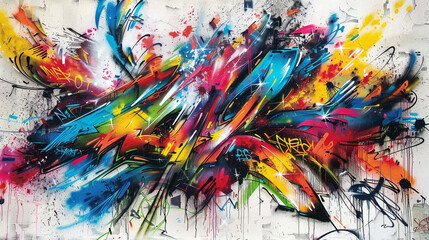 A dynamic graffiti mural bursting with bold colors, abstract strokes', and energetic splatters. 