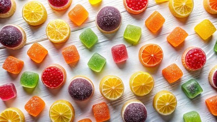 Aerial View Colorful Marmalade Candies White Background - Sweet Treats Photography