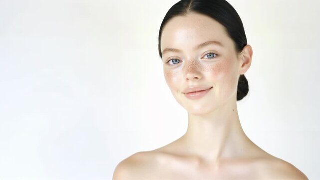 Young woman with natural freckles and blue eyes on white background. Fresh-faced beauty, smooth skin. Natural beauty and skincare concept. Cosmetic, dermatology, beauty tutorials. Horizontal video