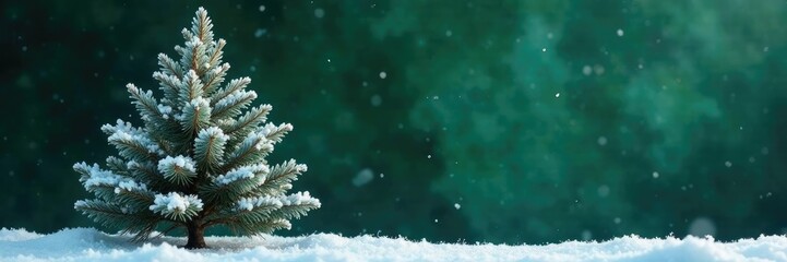 Snow-covered pine tree against a backdrop of dark green marble, wintry atmosphere, pine needles on ground, frosty branches