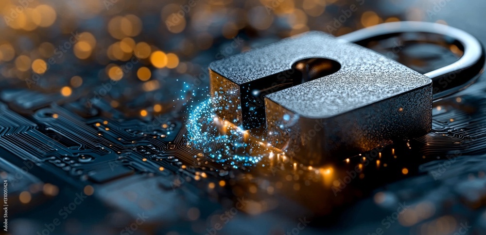Poster cyber security is represented by a digital padlock icon, symbolizing the technology network and data