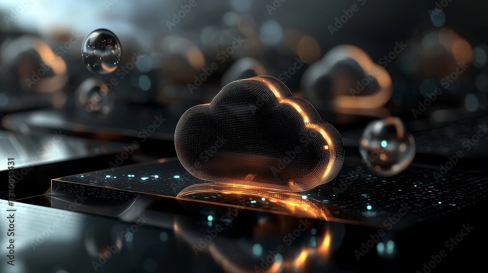Poster a futuristic digital hologram featuring a cloud icon, set against a backdrop of blue and golden ligh