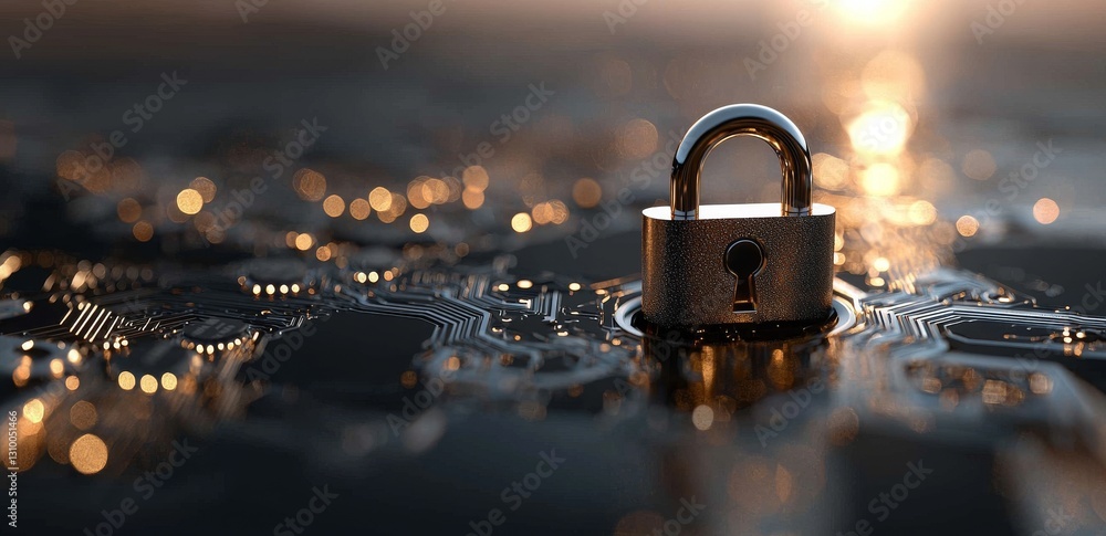 Poster the digital padlock icon represents cyber security, which encompasses a technology network and data 