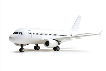 Obraz premium Realistic Model Airplane on White Background - A detailed model airplane with a white exterior and visible wheels, set against a clean white background. Perfect for aviation themed projects