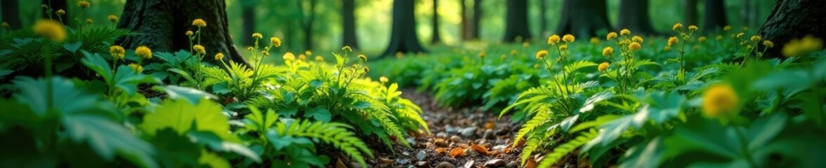 forest floor covered with ferns and wildflowers, leafy, dense, flowers