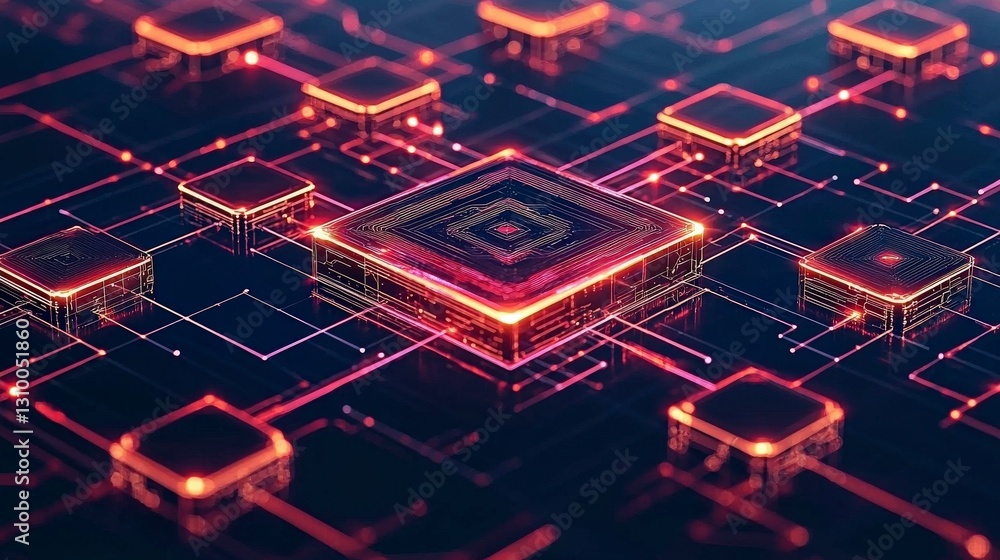 Poster digital blockchain network structure circuit design with glowing lines and nodes in vibrant colors, 