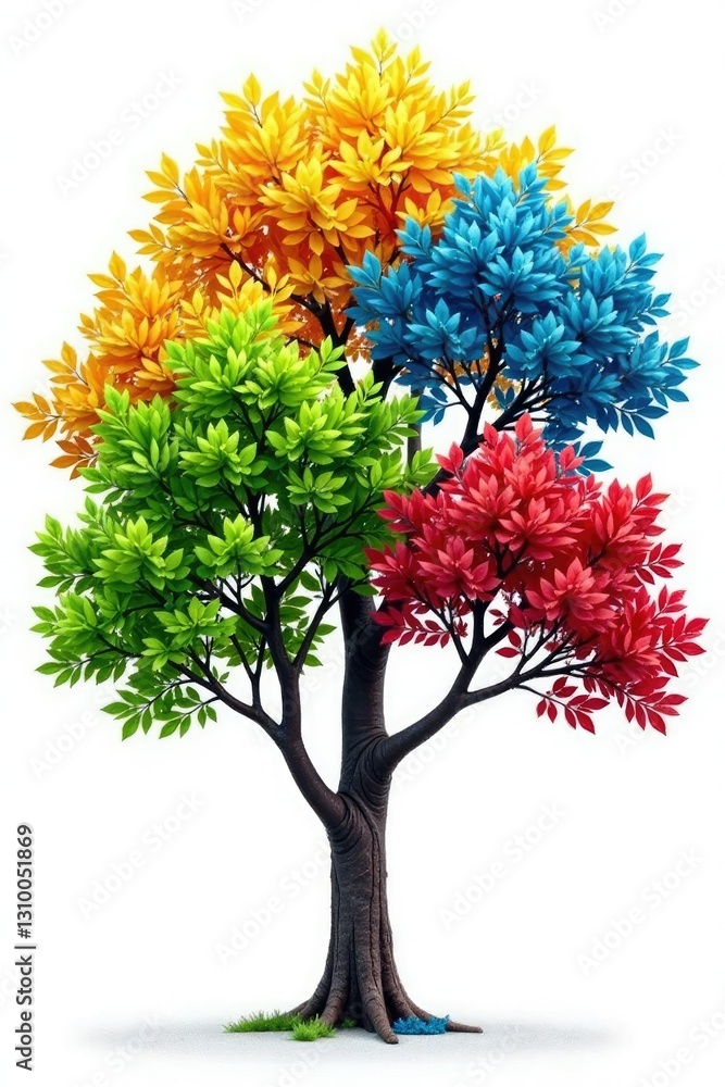 Poster four isolated trees with branches and leaves in different colors on a white background, tree trunk