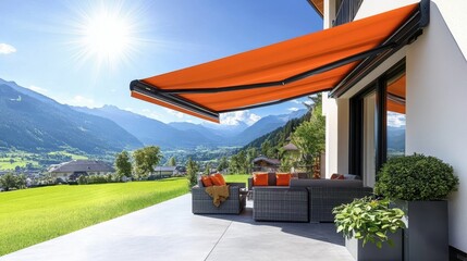 A vibrant modern terrace showcasing stylish outdoor furniture and a red awning.