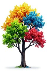 Four isolated trees with branches and leaves in different colors on a white background, tree trunk