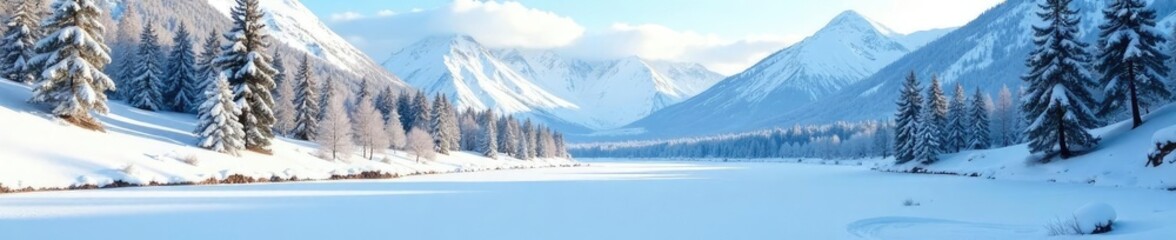 Freshly fallen snow covers the mountain landscape, snowy forest, frozen lake, snow covered trees