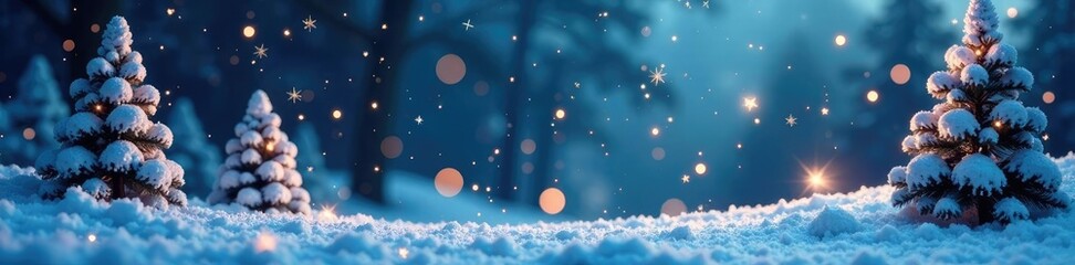 Fototapeta premium Snow-covered trees with glittering stars and sparkling snowflakes, festive, snowflake