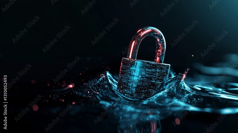 Poster the concept of cybersecurity information protection technology is represented by a large padlock at 