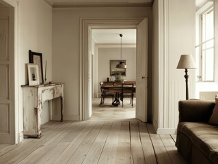 A vintage interior scene depicting a rustic home environment