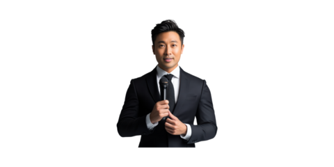 Man in black suit holding microphone, isolated on transparent background