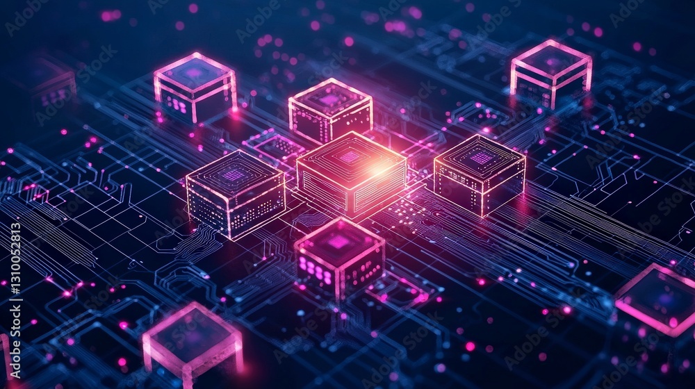 Poster abstract digital blockchain ecosystem landscape featuring glowing cubes and interconnected lines, re
