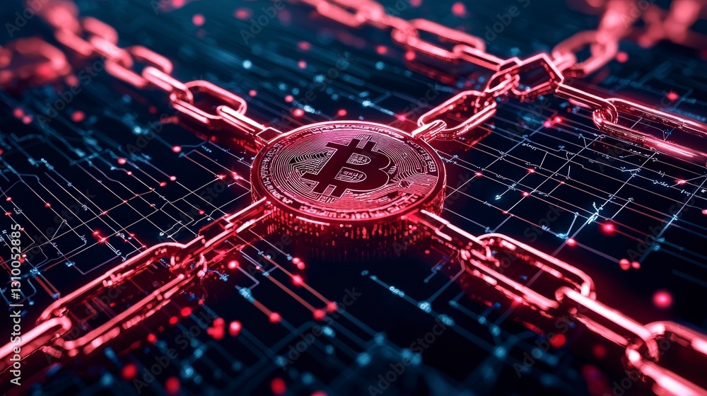Poster a digital representation of a blockchain ecosystem with glowing red chains and a central coin, symbo