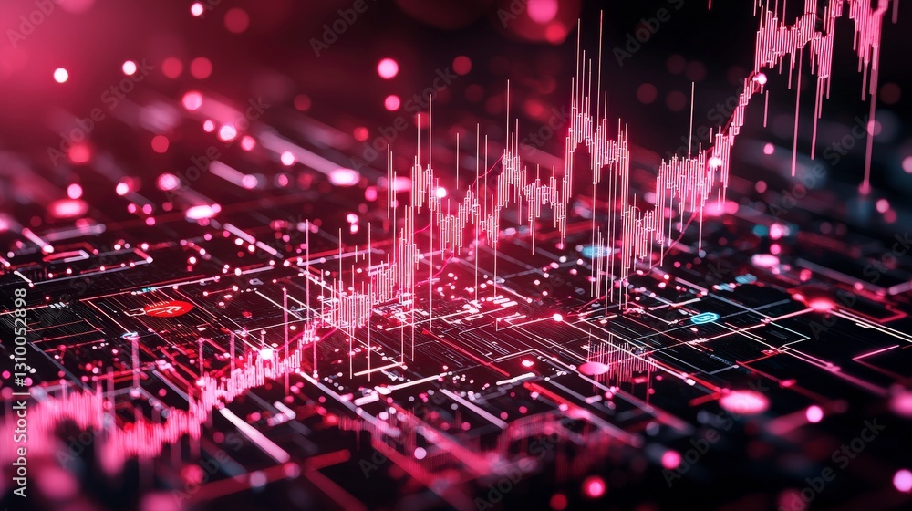 Poster dynamic digital visualization featuring vibrant pink data spikes and lines, representing information