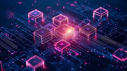 Naklejka premium Abstract digital blockchain ecosystem landscape featuring glowing cubes and interconnected lines, representing technology and data flow.