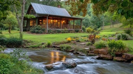 A charming riverside cottage with a wraparound porch, colorful gardens, and a gently flowing stream --ar 16:9 --v 6.1 Job ID: 3c20d7d3-4ff1-4723-b258-1acfeaa58a78