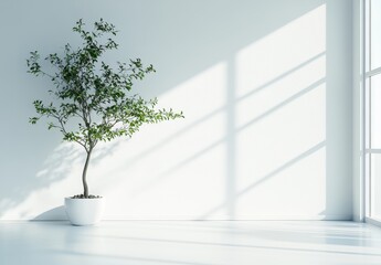 Obraz premium Serene Indoor Plant in a Bright Modern Space with Soft Shadows Creating a Tranquil Ambiance for Relaxation and Peaceful Living